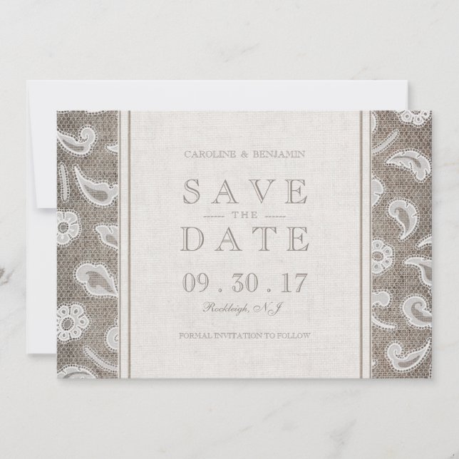 Lace burlap rustic Country Hochzeit Save the Date (Vorderseite)