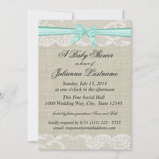 Lace Burlap und Bow Baby Dusche Einladung (Vorderseite)