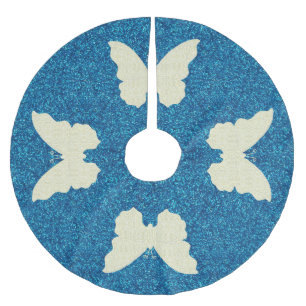Lace Butterfly On Blue Glitzer Tree Skirt Polyester Weihnachtsbaumdecke