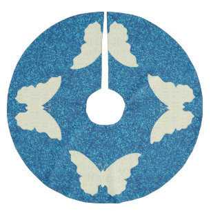 Lace Butterfly On Blue Glitzer Tree Skirt Polyester Weihnachtsbaumdecke