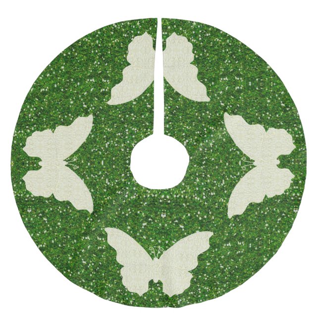 Lace Butterfly On Green Glitzer Tree Skirt Polyester Weihnachtsbaumdecke (Vorderseite)