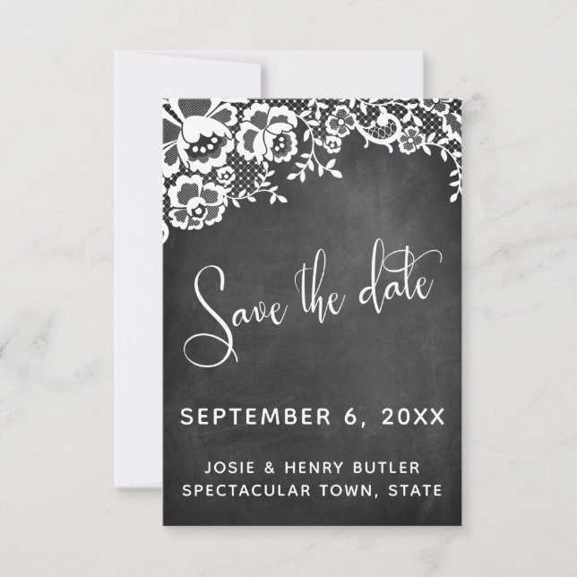 Lace Chalkboard Moderne Kalligraphie Save the Date RSVP Karte (Vorderseite)