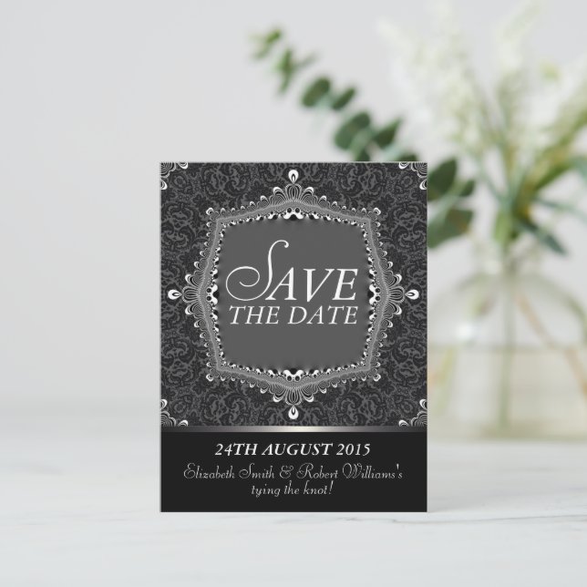 Lace Damask Gothic Save the Date Black Postcard Ankündigungspostkarte (Stehend Vorderseite)