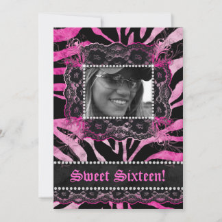 Lace Diamonds Sweet 16 Birthday Grad Zebra Pink Einladung