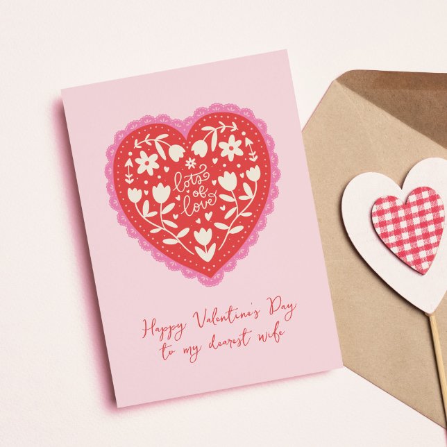 Lace Doily Heart Hand-Drawn Valentine's Day Feiertagskarte (Lace Doily Heart Valentine's Day card with "lots of love" message.)