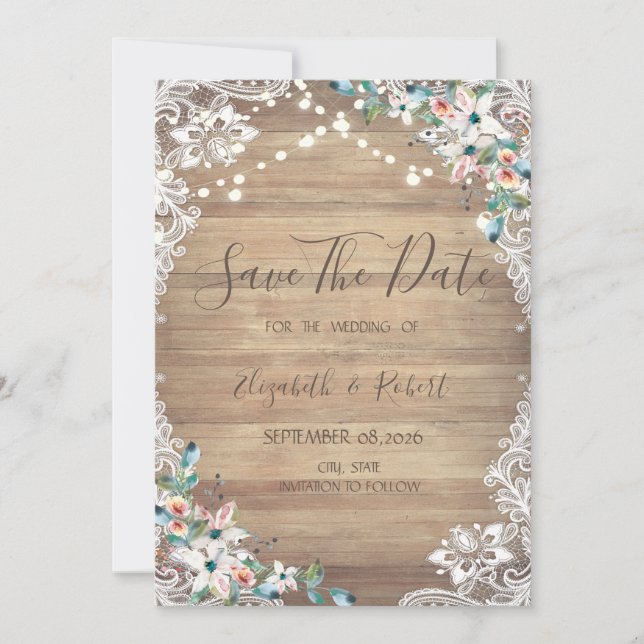 Lace Flowers Wood Texture, Lights Save The Date (Vorderseite)