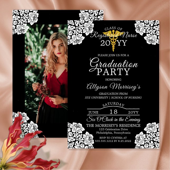 Lace Foto Nursing School | Medizinischer Abschluss Einladung (Elegant Lace-Cornered One  Photo Nursing School Medical Graduation Announcement  | Party Invitation)