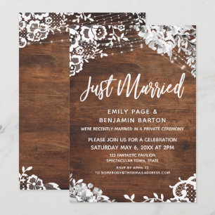 Lace, Lights & Floral on Wood Just Married Event Einladung