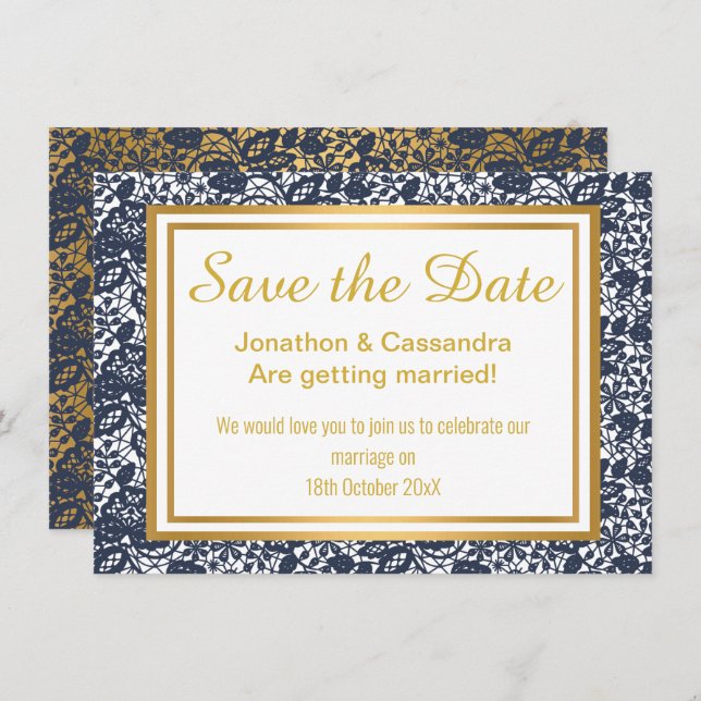 LACE LUXE NAVY GOLD SAVE THE DATE (Vorne/Hinten)
