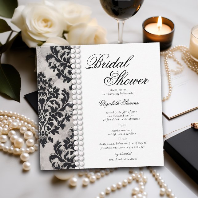 Lace Pearl Damask Schwarz-weißes formales Brautpar Einladung (lace and pearls bridal shower invitation black and white damask elegant formal modern classic)