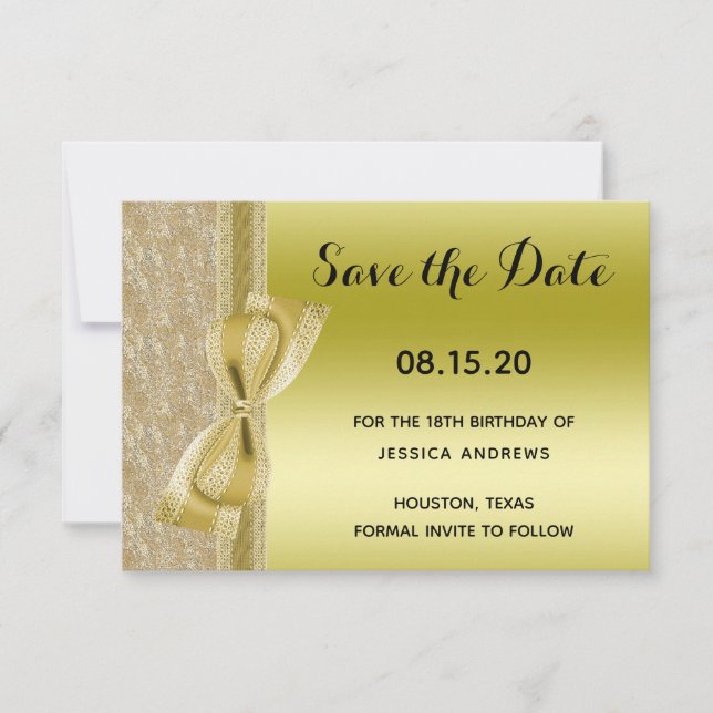 Lace Ribbon & Bow Gold Glitter Sequin 18th Save The Date (Vorderseite)