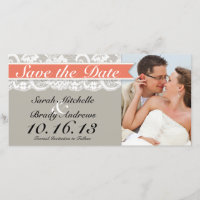 Lace Ribbon Gray und Coral Save the Date