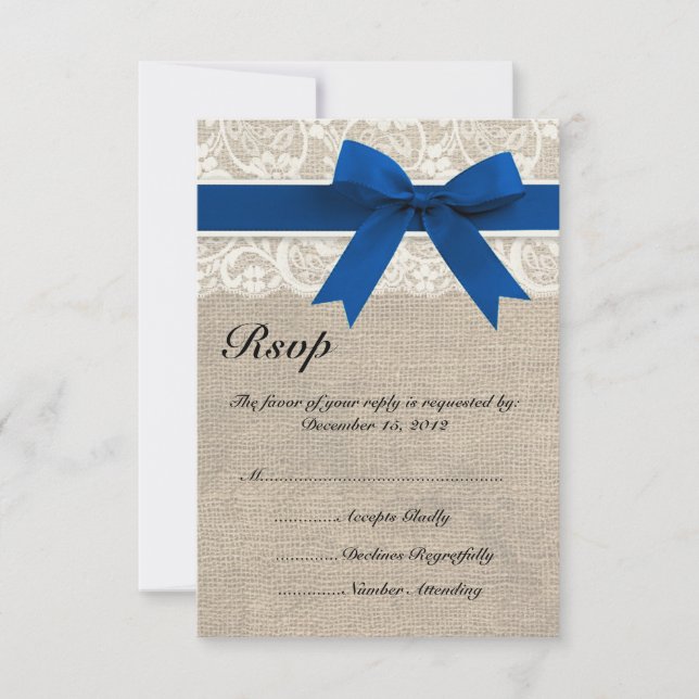 Lace & Royal Blue Ribbon and Burlap RSVP Card (Vorderseite)