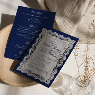 Lace Royale Blau Old Money All-in-One-Hochzeit Einladung