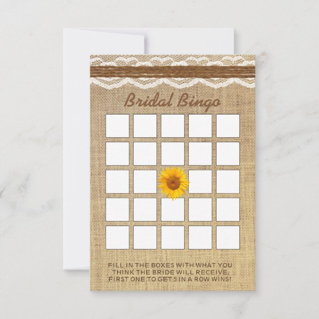 Lace & Twine Sunflower Burlap Brautparty Bingo (Vorderseite)
