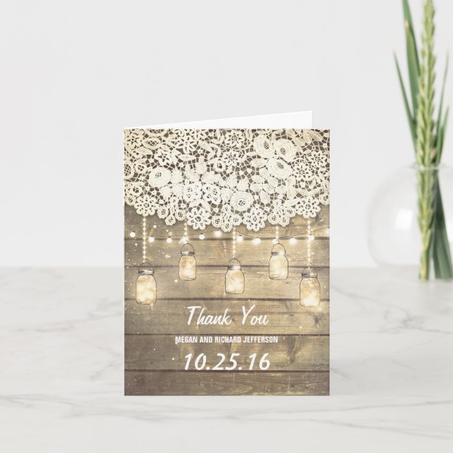 Lace Wood Lights Mason Jar Barn Wedding Vielen Dan Dankeskarte (Vorderseite)