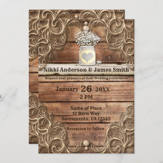 Lace Wood Rustic Vintager Western Elegante Hochzei Einladung (Vorne/Hinten)