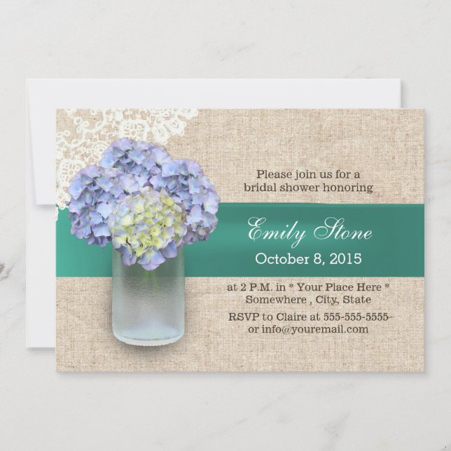 Laced Burlap Hydrangea & Mason Jar Brautparty Einladung (Vorderseite)