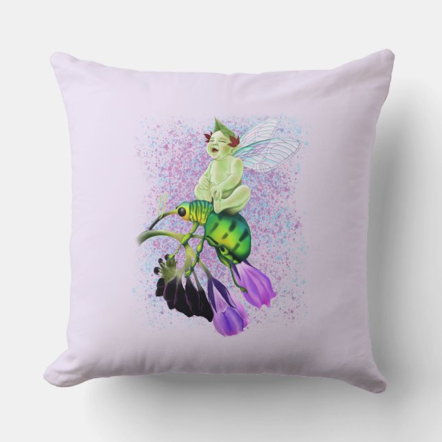 Lächeln Baby Pixie Reiten eines Käfers Kissen (Vorderseite)