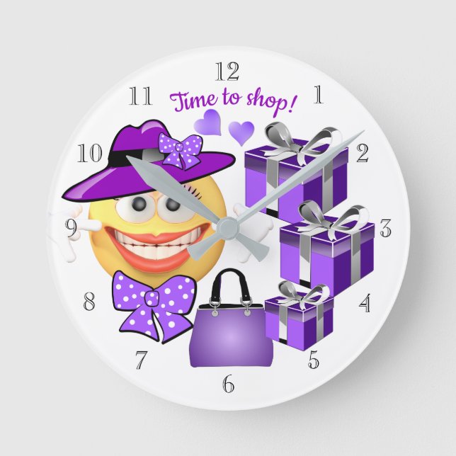Lächeln Emoji mit Shopping, Zeit zum Einkaufen Runde Wanduhr (Vorderseite)