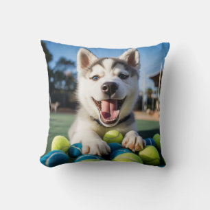 🐶 Lächeln Husky Welpe 🎾 mit Tennisbällen Kissen