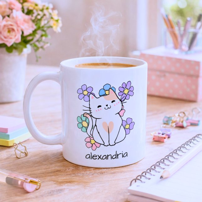 Lächeln Katze mit Blume Monogramm Kaffeetasse (Von Creator hochgeladen)