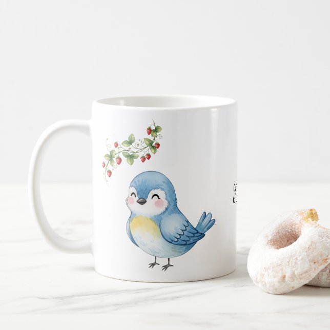 Lächeln Niedlicher Blauer Vogel mit Erdbeere Kaffeetasse (Mit Donut)
