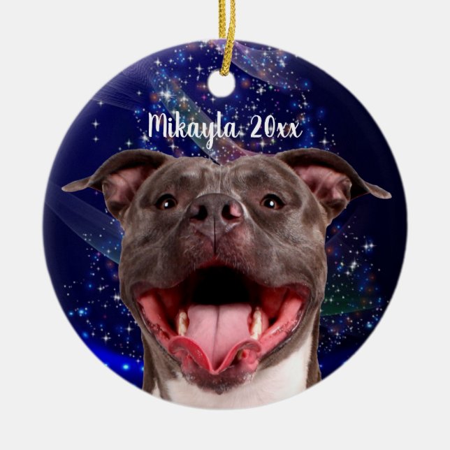 Lächeln Pit Bull auf Blauen Weihnachten Keramik Ornament (Vorne)
