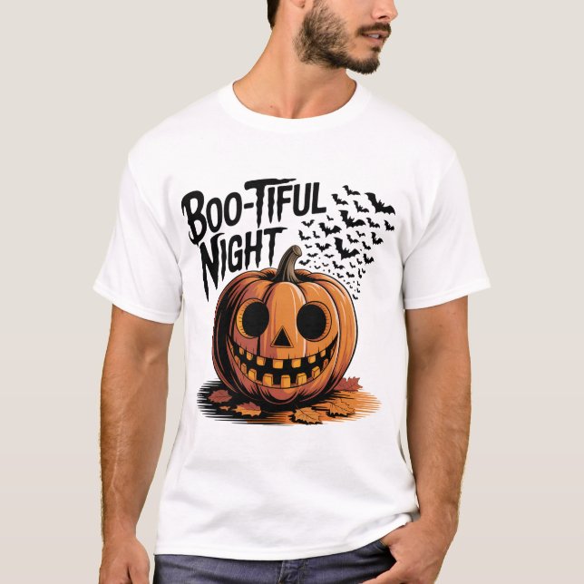 Lächeln Pumpkin mit Herbstlauben Design T-Shirt (Vorderseite)