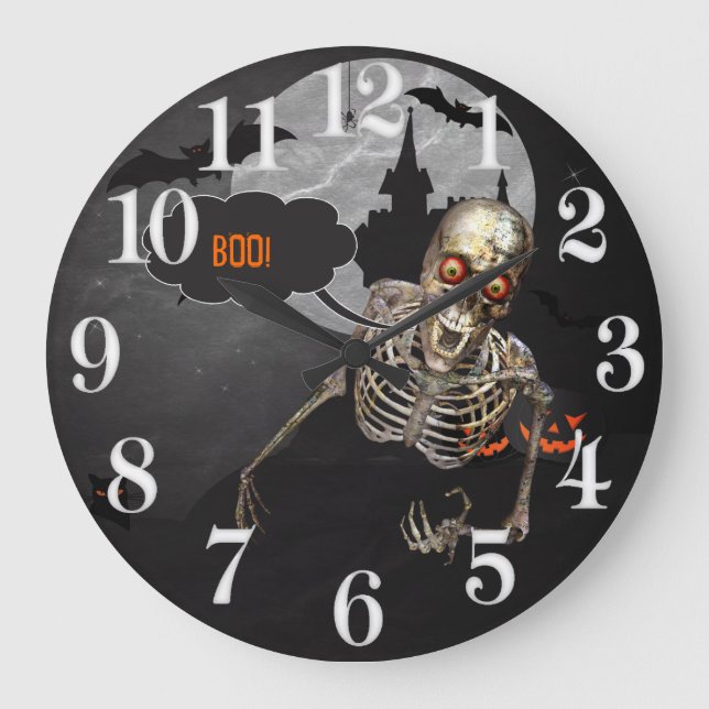 Lächeln Skeleton Halloween Custom Message Große Wanduhr (Vorderseite)