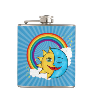Lächeln Sun Blue Moon Wolken Regenbogensterne Flachmann