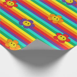 Lächeln von Emoji Daisies auf Regenbogenstreifen Geschenkpapier