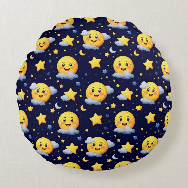 Lächeln von Mond und Sternen mit Wolken am nächtli Rundes Kissen (Vorderseite)