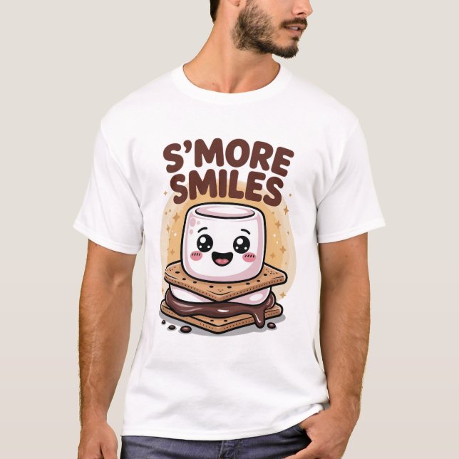 Lächelnd Beige Kawaii Marshmallow Schokolade Carto T-Shirt (Vorderseite)