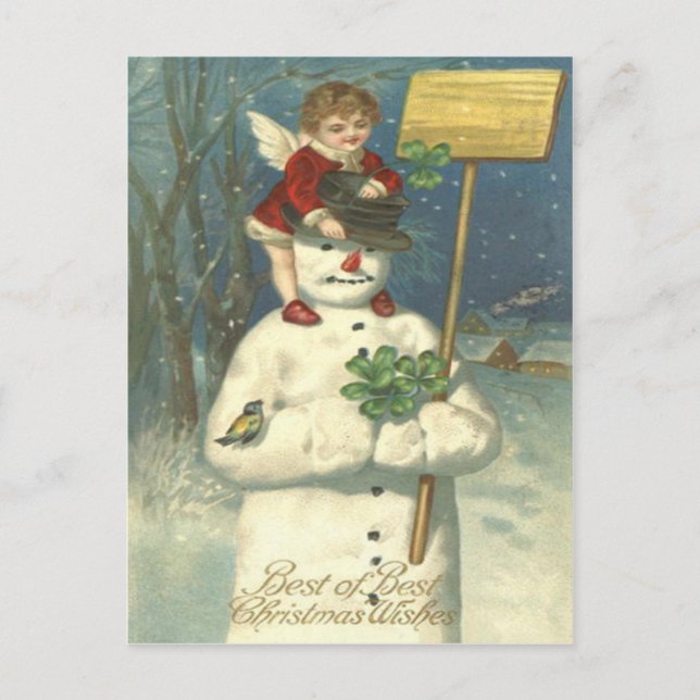Lächelnd Cherub Snowman Kleeblatt Songbird Postkarte (Vorderseite)