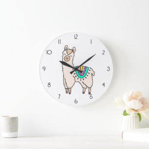 lächelnd glückliches Lama Alpaka Cartoon Tier Zeic Große Wanduhr