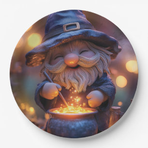 Lächelnd Gnome Stirring Magic Pot Pappteller