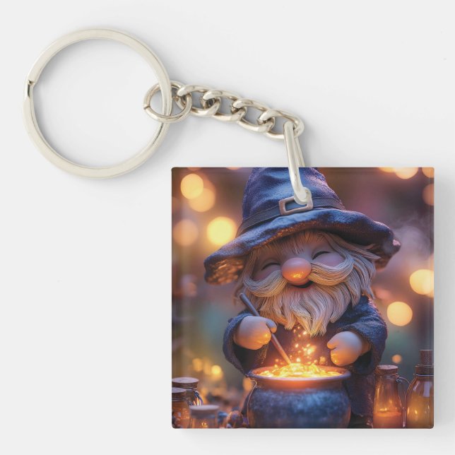 Lächelnd Gnome Stirring Magic Pot Schlüsselanhänger (Vorderseite)