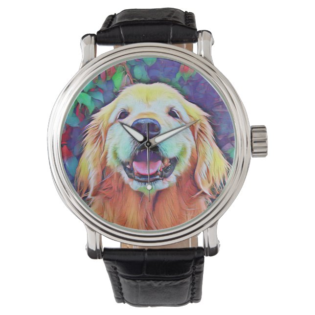 Lächelnd Golden Retriever Hund in lebhaften Farben Armbanduhr (Vorderseite)