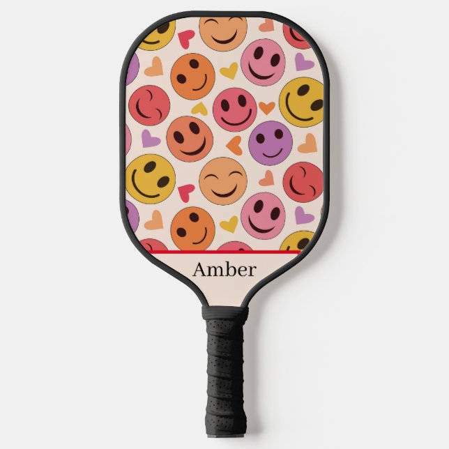 Lächelnd Happy Gesichte mit Herzen Personalisiert Pickleball Schläger (Vorderseite)