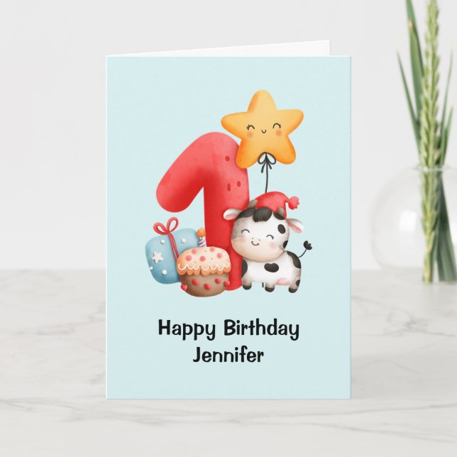 Lächelnd Kuh Niedlich Adorable First Birthday Card Karte (Vorderseite)