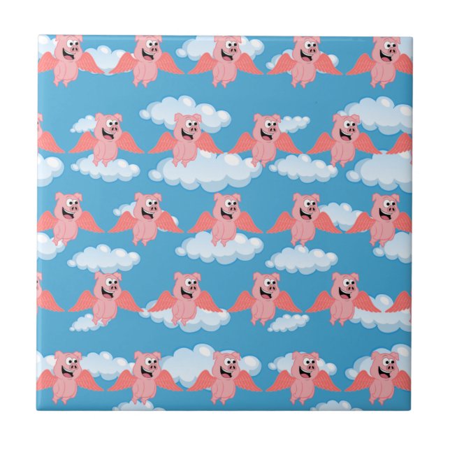 Lächelnd Pig Pink Wings Flying Animal Funny Cartoo Fliese (Vorderseite)