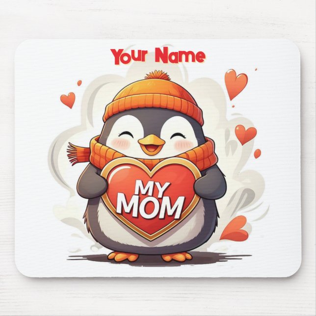 Lächelnd Pinguin hält Herzzeichen MEINE MAMA Mousepad (Vorne)