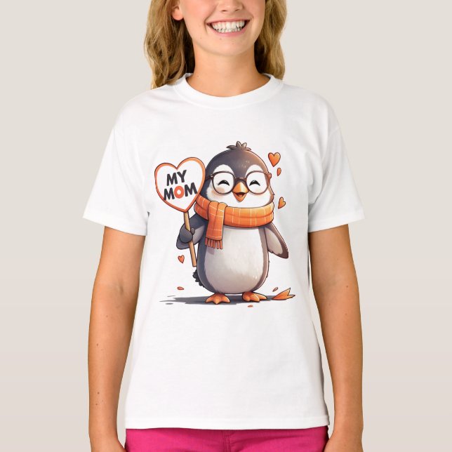 Lächelnd Pinguin hält Herzzeichen MEINE MAMA T-Shirt (Vorderseite)