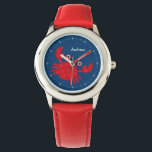 Lächelnd Red Crab Kid's Personalisiert Armbanduhr<br><div class="desc">Diese lustige Uhr zeigt eine süße Vektorgrafik einer lächelnden roten Krabbe auf blauem Hintergrund und kann mit dem Namen,  dem Monogramm,  dem Initial oder jedem beliebigen Text Ihrer Wahl personalisiert werden,  um ein individuelles Geschenk zu erhalten.</div>