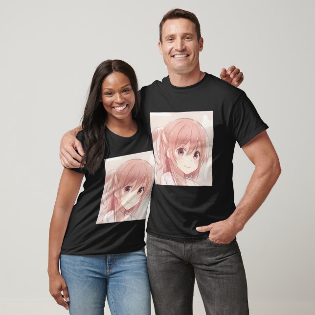 Lächelnd rosa Haar Anime Mädchen rosa Augen Manga  T-Shirt (Unisex)