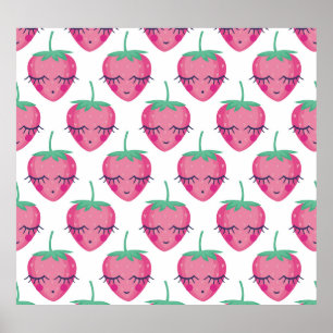 Lächelnd schlafende Erdbeeren, niedliches Muster. Poster