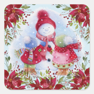 Lächelnd Snowman und Children Square Sticker