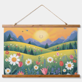 Lächelnd Sun & Happy Blume Tapestry - Helle Natu Wandteppich Mit Holzrahmen