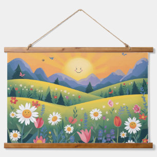 Lächelnd Sun & Happy Blume Tapestry - Helle Natu Wandteppich Mit Holzrahmen
